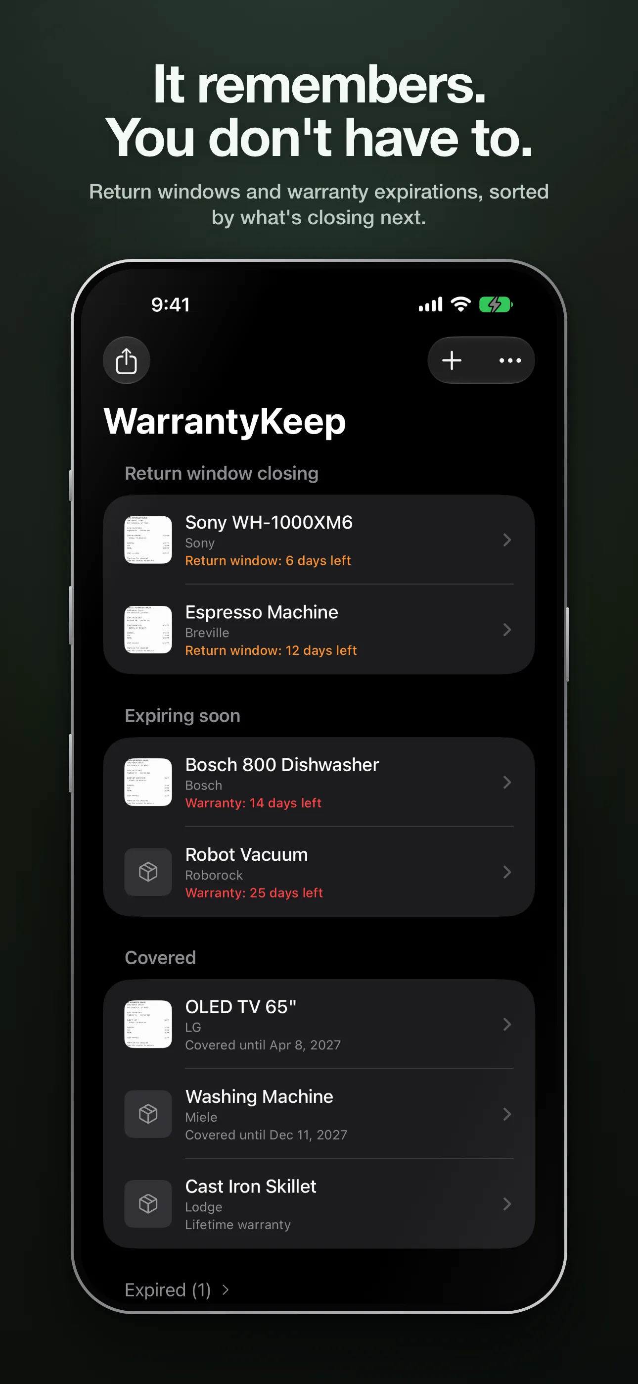 The WarrantyKeep list, sorted by return windows and warranties closing next