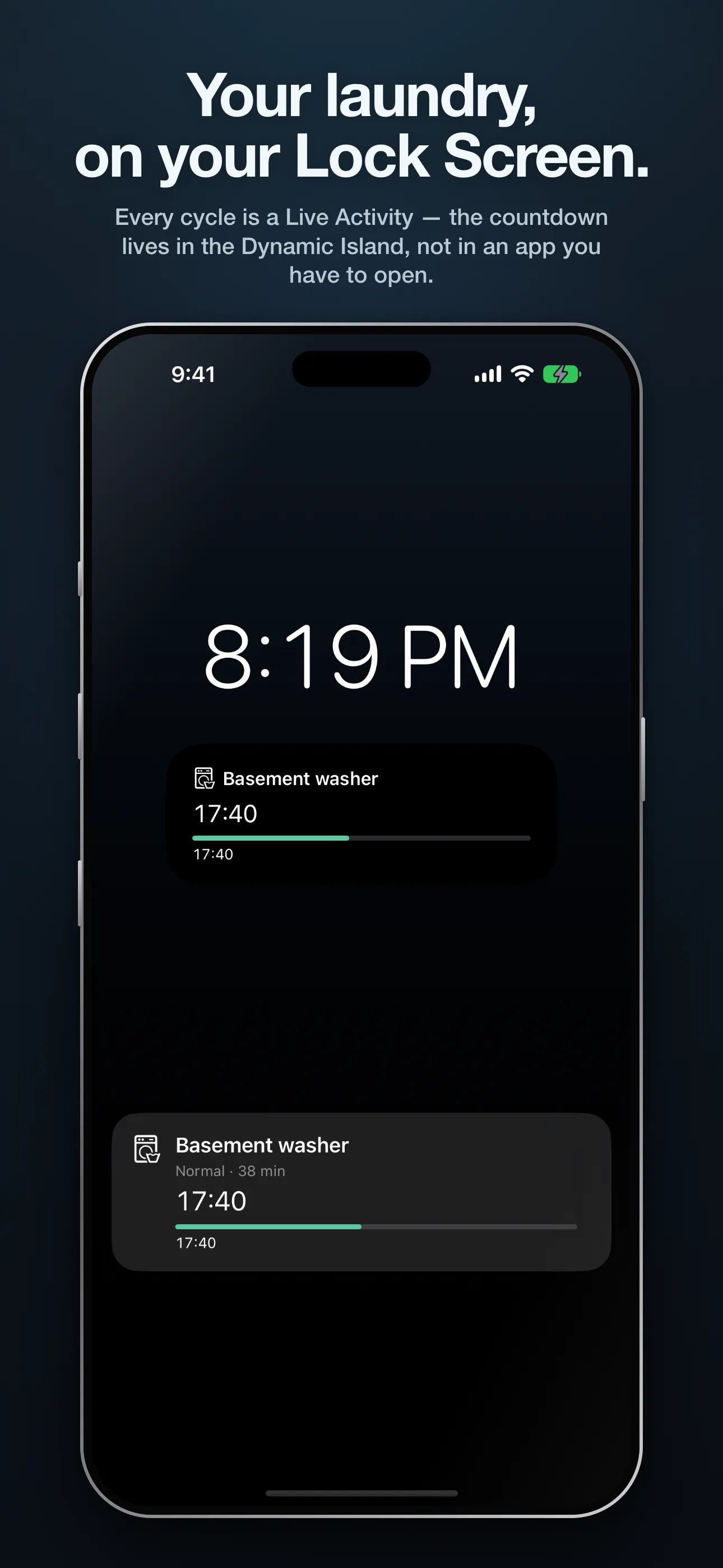 A wash countdown running in the Dynamic Island and on the Lock Screen