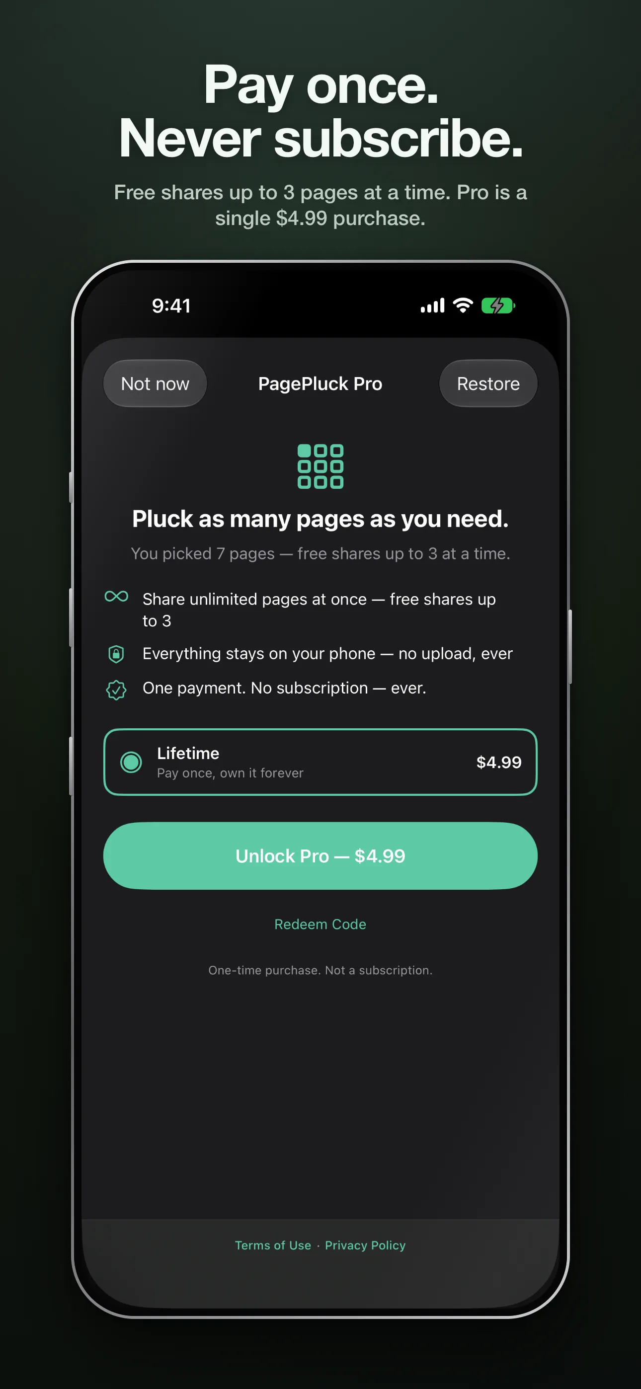 PagePluck Pro: one $4.99 payment, never a subscription