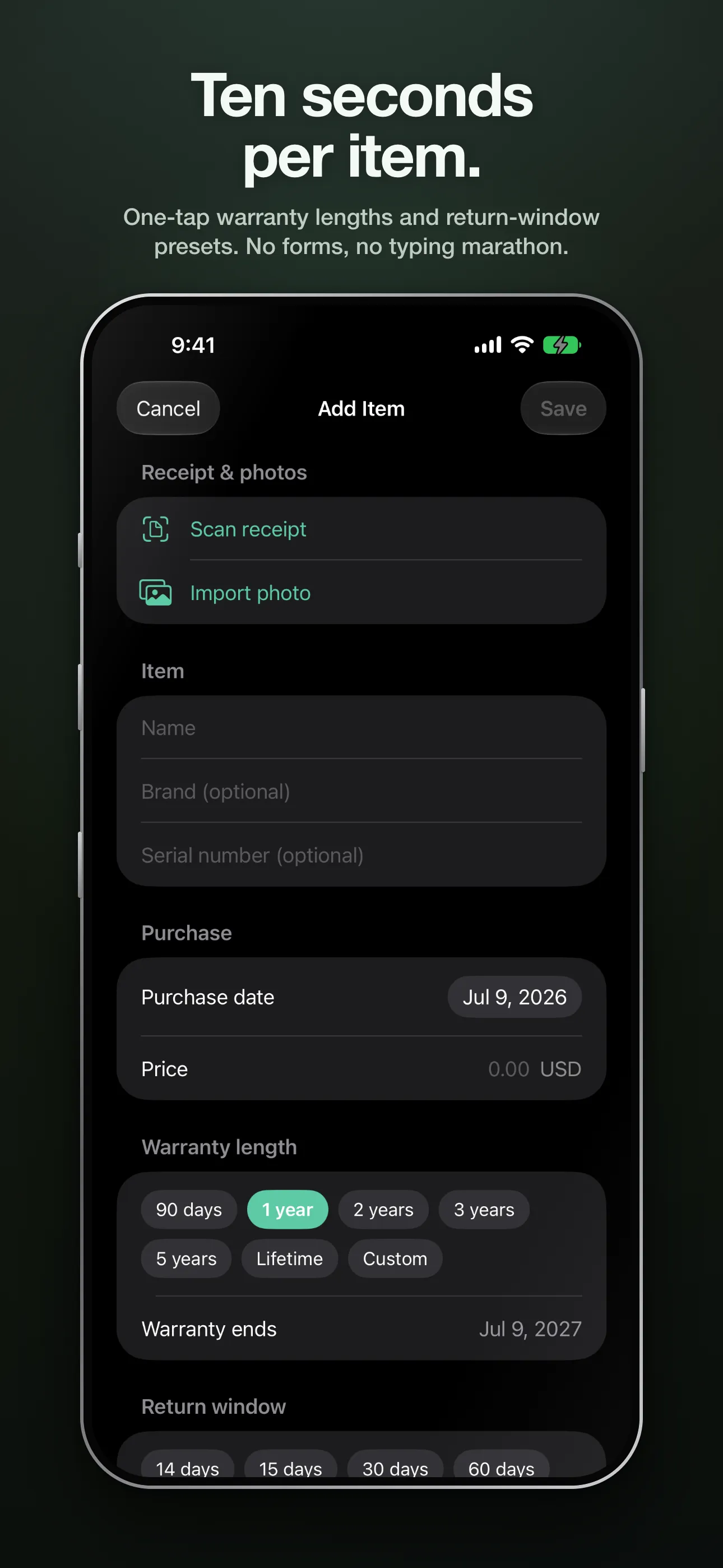 One-tap warranty length and return-window presets